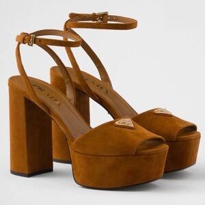 Prada 115mm Cognac Brown Suede Platform Sandal Ankle Strap Block Heel Pump 38.5